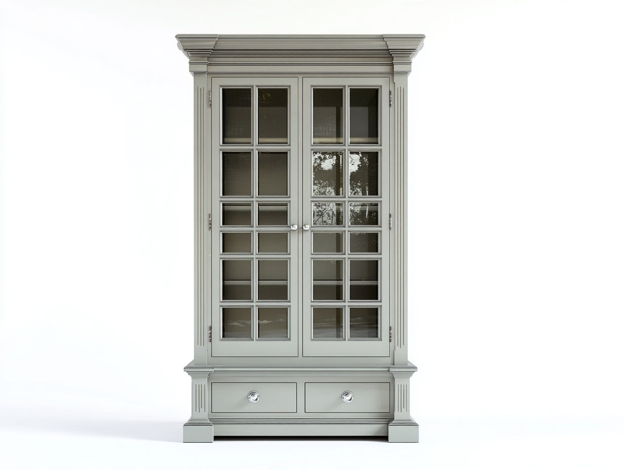 Vitrine - Bois massif-Verre trempé-Métal - 112x46x192 cm - gris clair - classique élégant