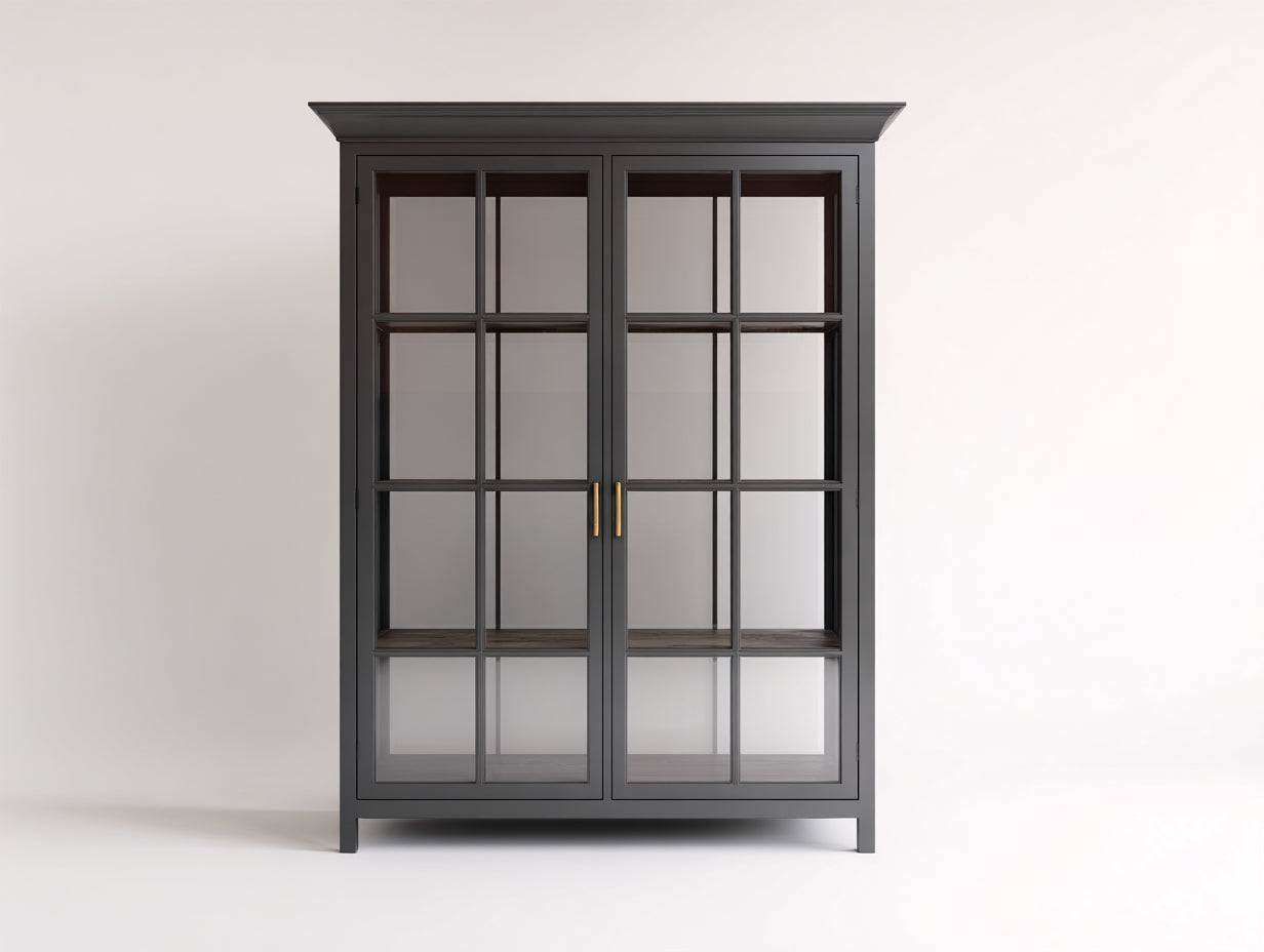 Vitrine - Bois massif-Verre trempé-Métal - 115x45x186 cm - gris foncé - design moderne