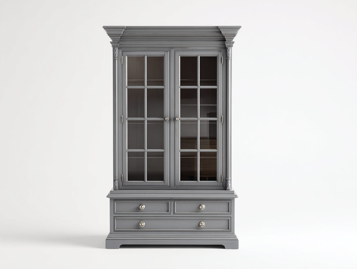 Vitrine - Bois massif-Verre trempé-Métal - 118x52x188 cm - gris - classique