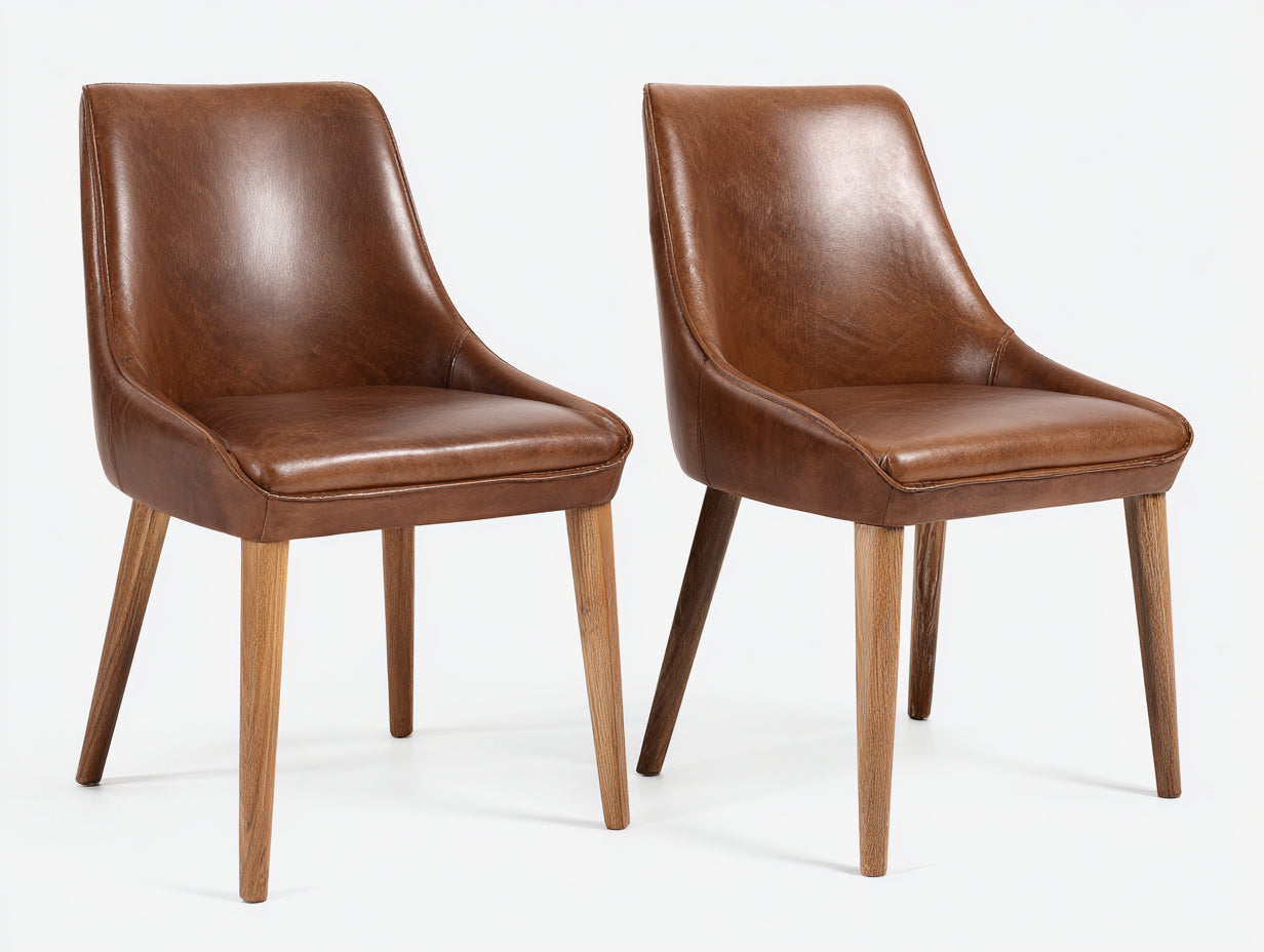 Chaise de salle à manger-Similicuir-Bois-53x58x89 cm-Brun cognac-Bois naturel-Style moderne