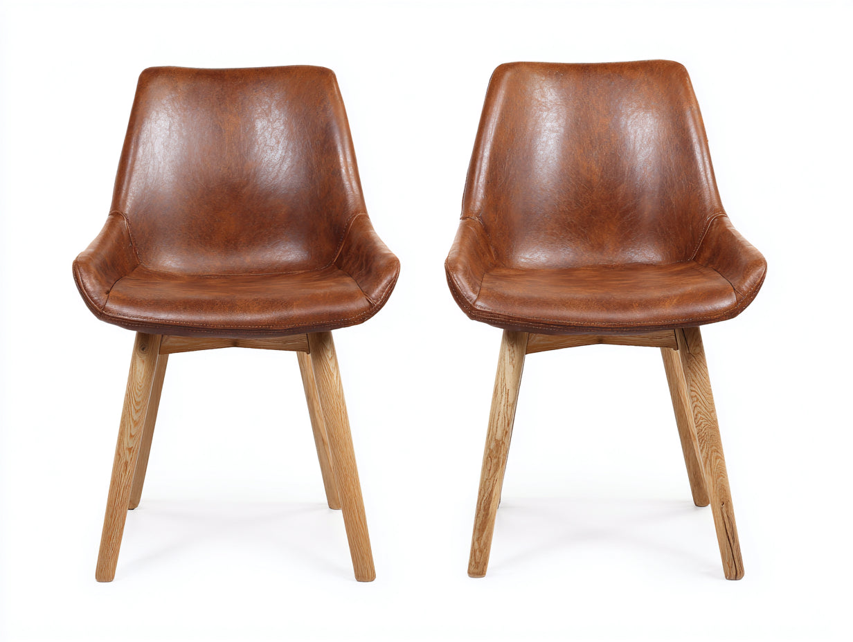 Chaise de salle à manger-Similicuir-Bois-57x58x82 cm-Brun vieilli-Bois naturel-Style moderne